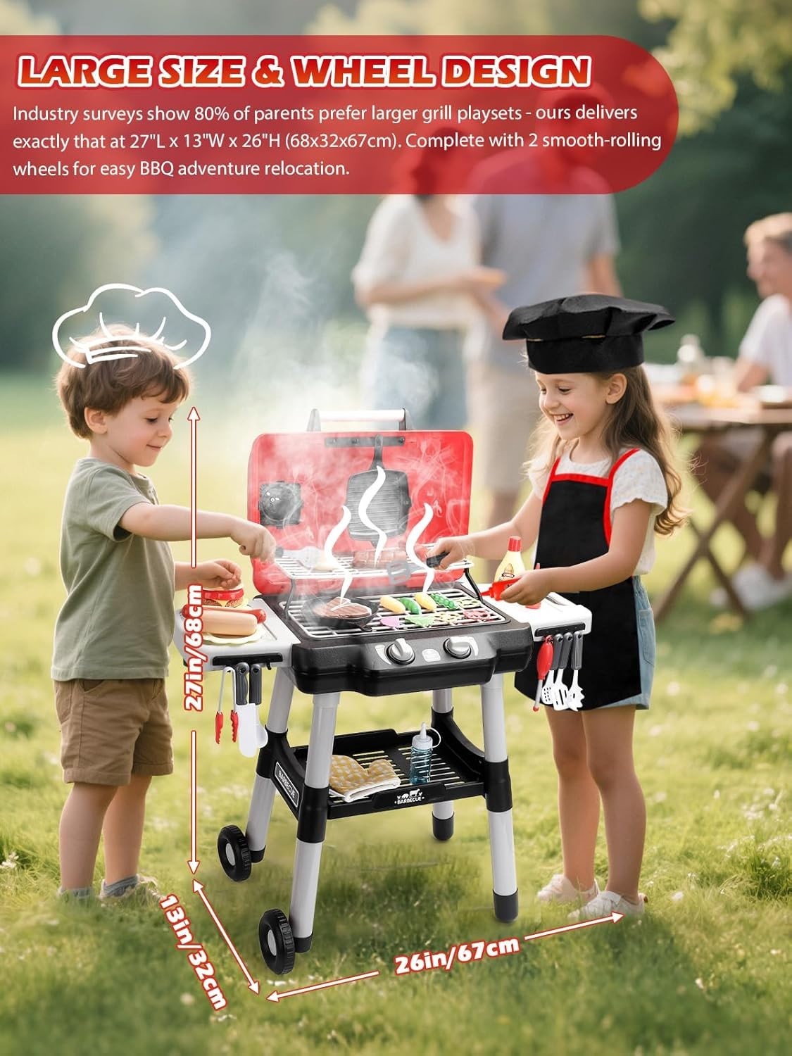 Kids BBQ Grill Playset w/ Smoke Sound Light Chef Apron 33PCS