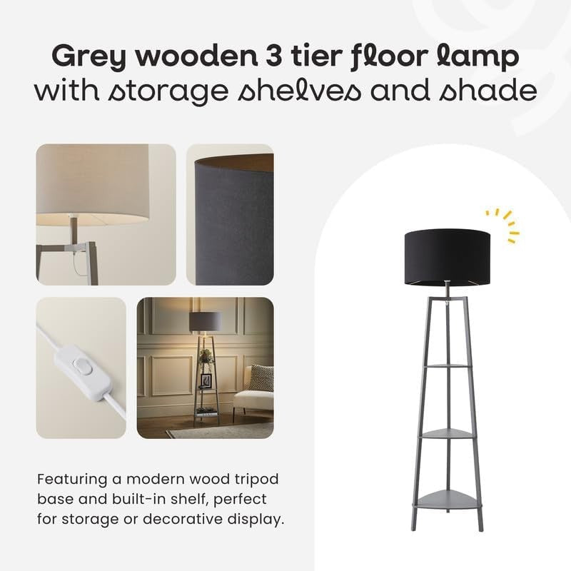 Grey Wooden Floor Lamp with Shelves Tall Storage Standing Light Grey Shade