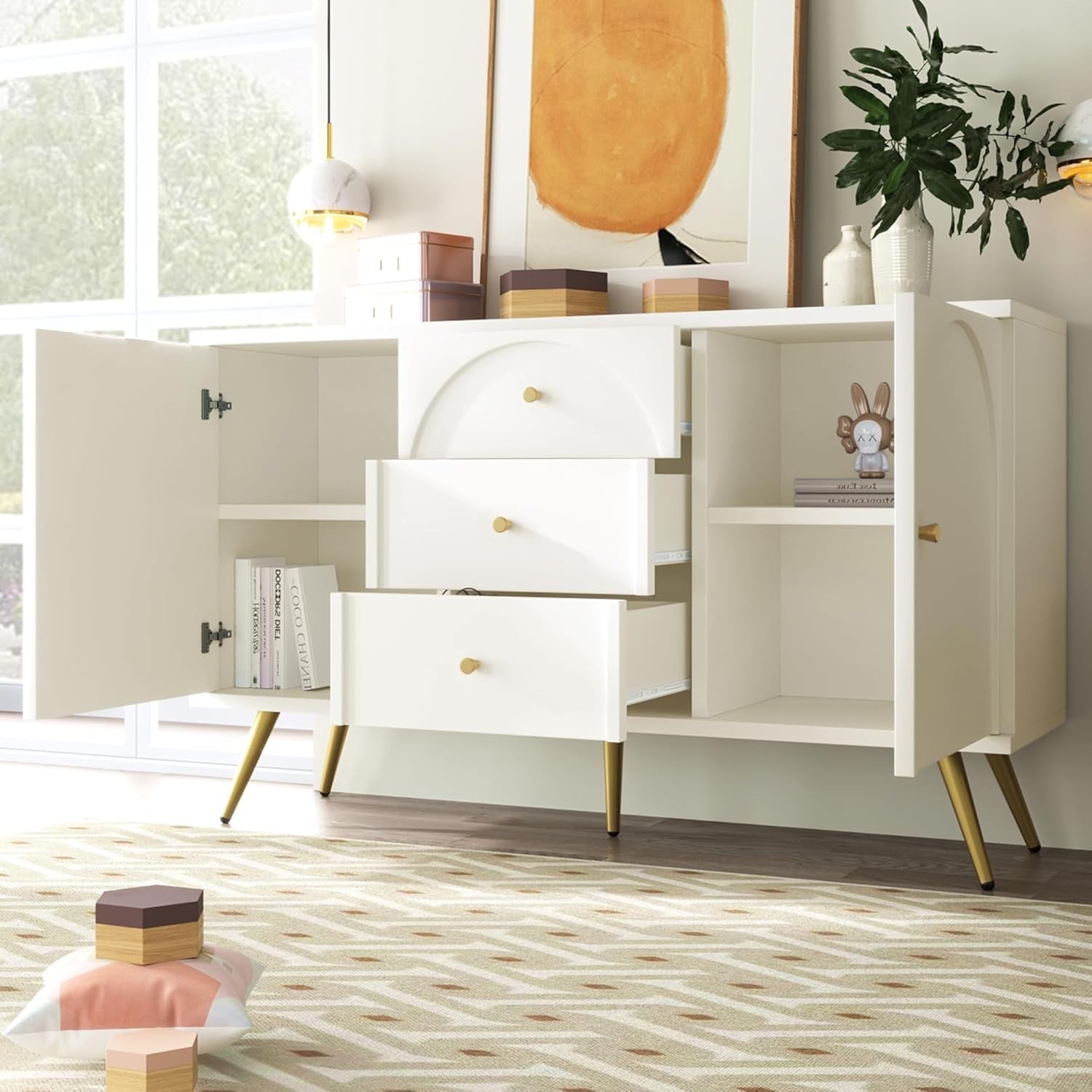 Modern Cream White Storage Cabinet with 2 Doors & 3 Drawers Adjustable Shelf