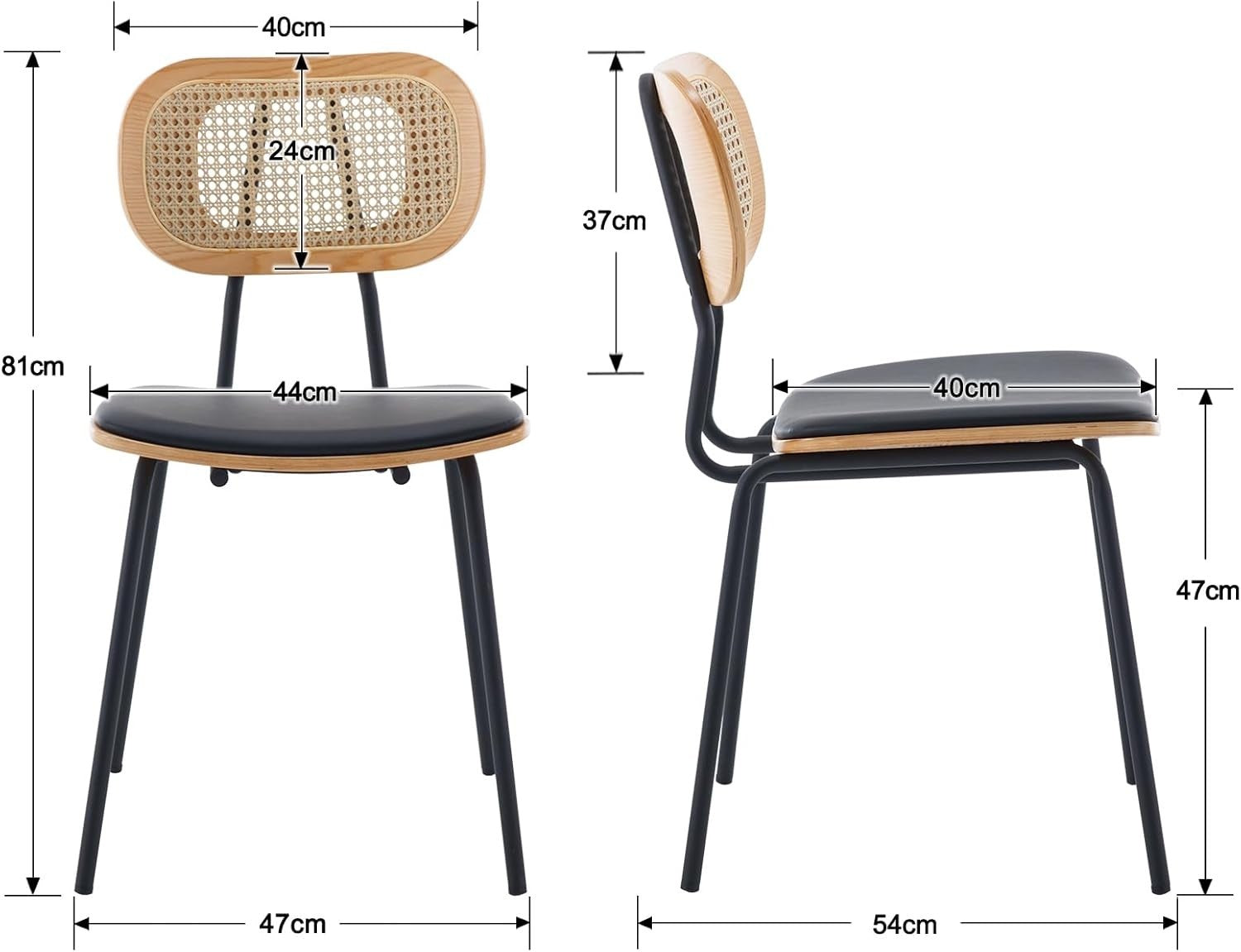 Rattan Dining Chairs Set of 2 Black Metal Legs Modern Kitchen Dining Seats