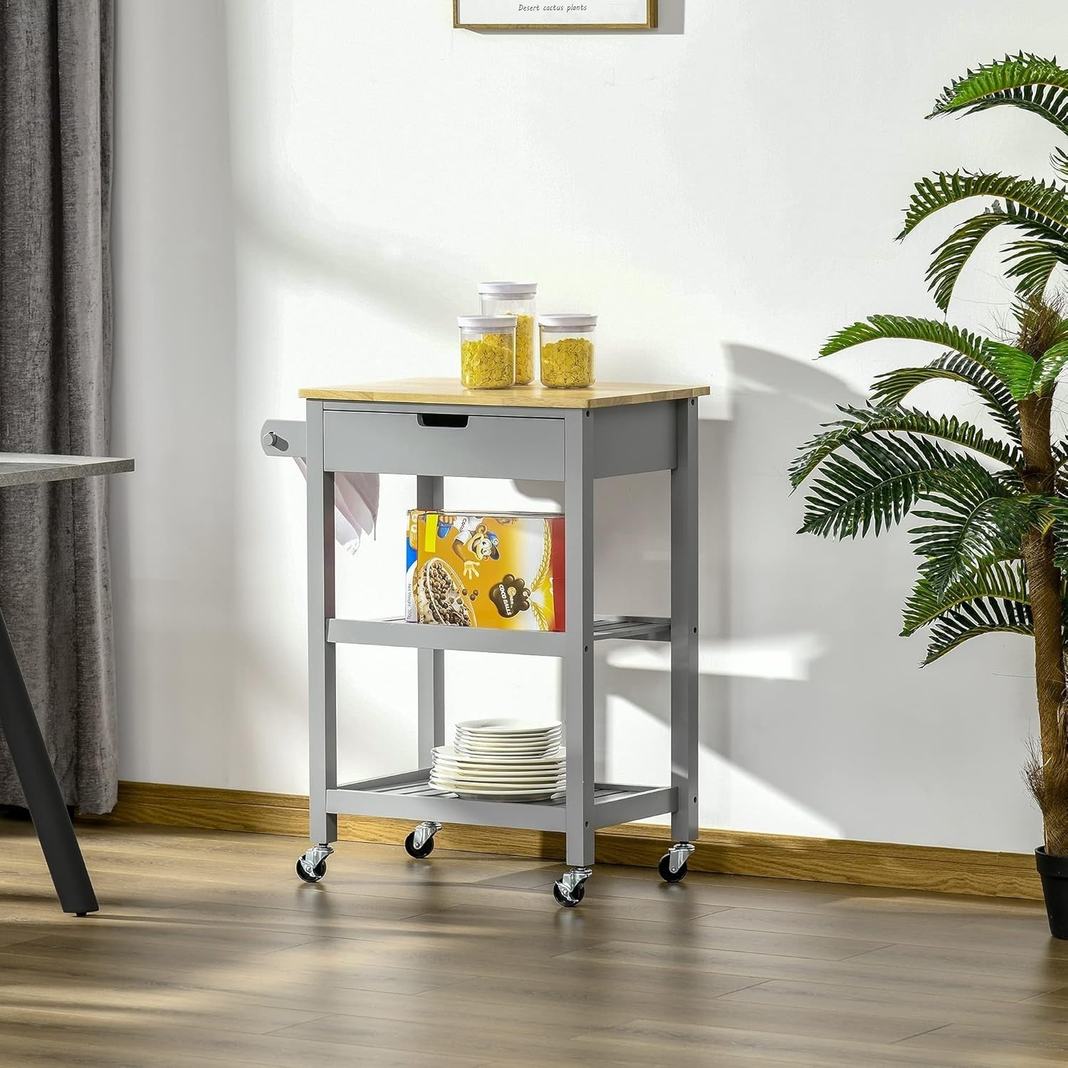 Kitchen Trolley Cart on Wheels w/ Wood Top Drawer Shelves