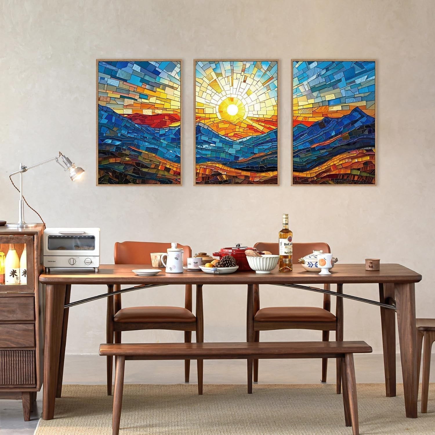 Colorful Abstract Mountain Framed Canvas Wall Art Set 3 Modern Boho Decor