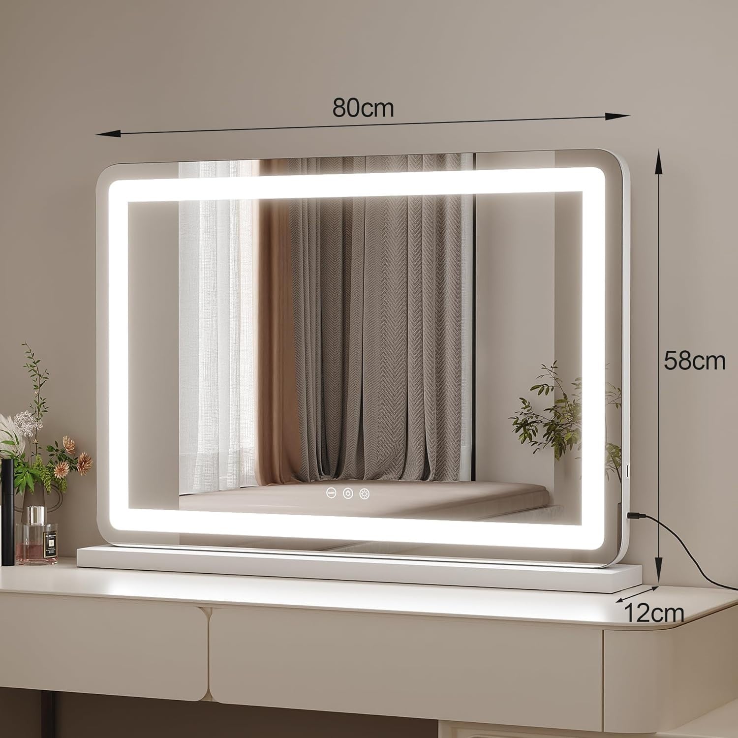 LED Vanity Mirror 80x55cm | Wall/Tabletop, 3-Color Light, 5X Magnifier, Touch