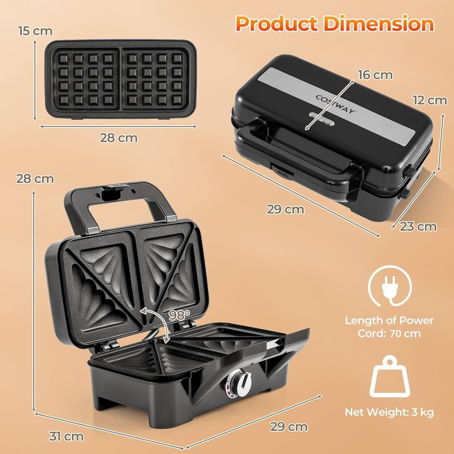 3-in-1 Sandwich Toaster 31x29x28cm Non-Stick Plates Waffle Panini Grill
