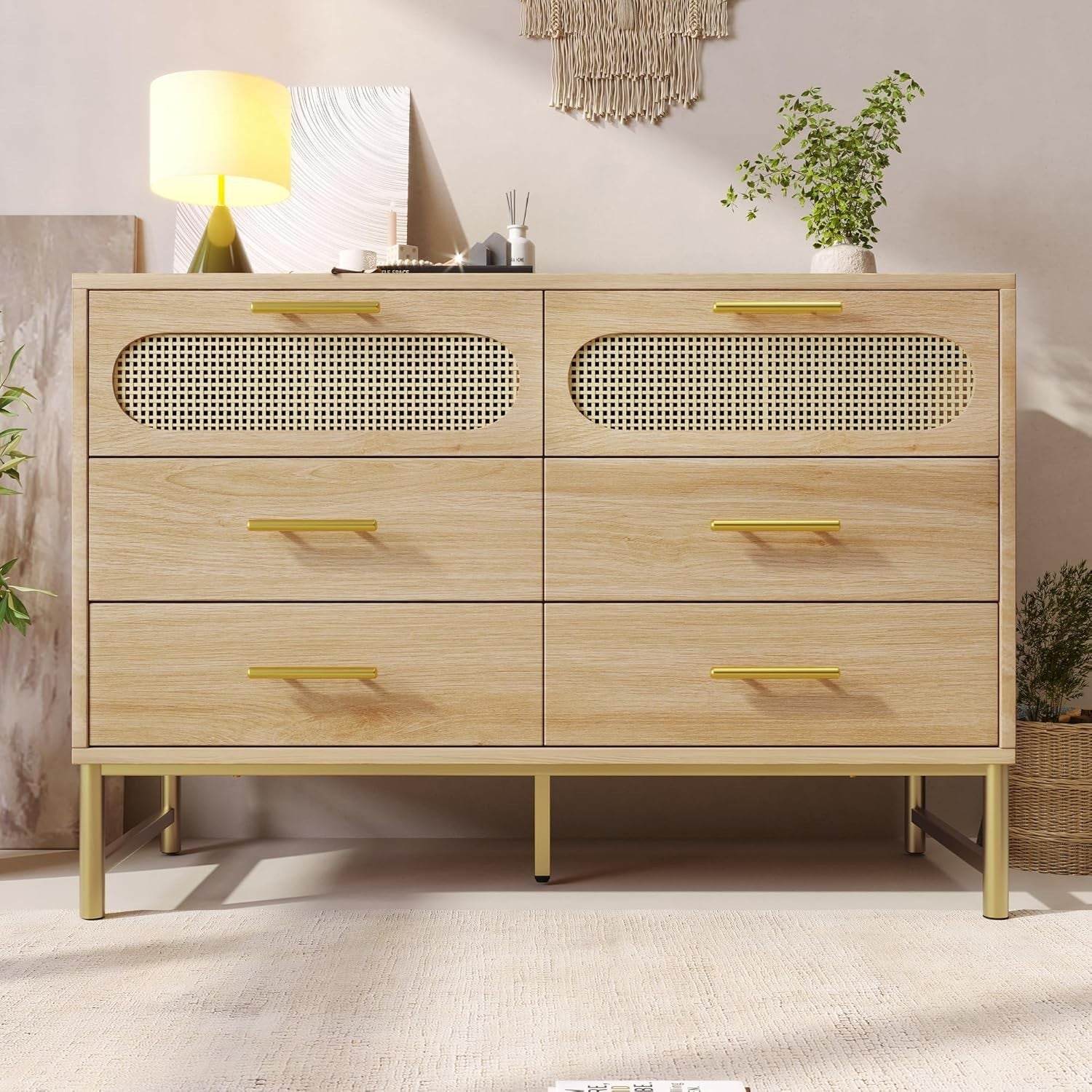 Rustic 6-Drawer Sideboard Cabinet with Metal Handles, Anti-Tip & Adjustable Feet