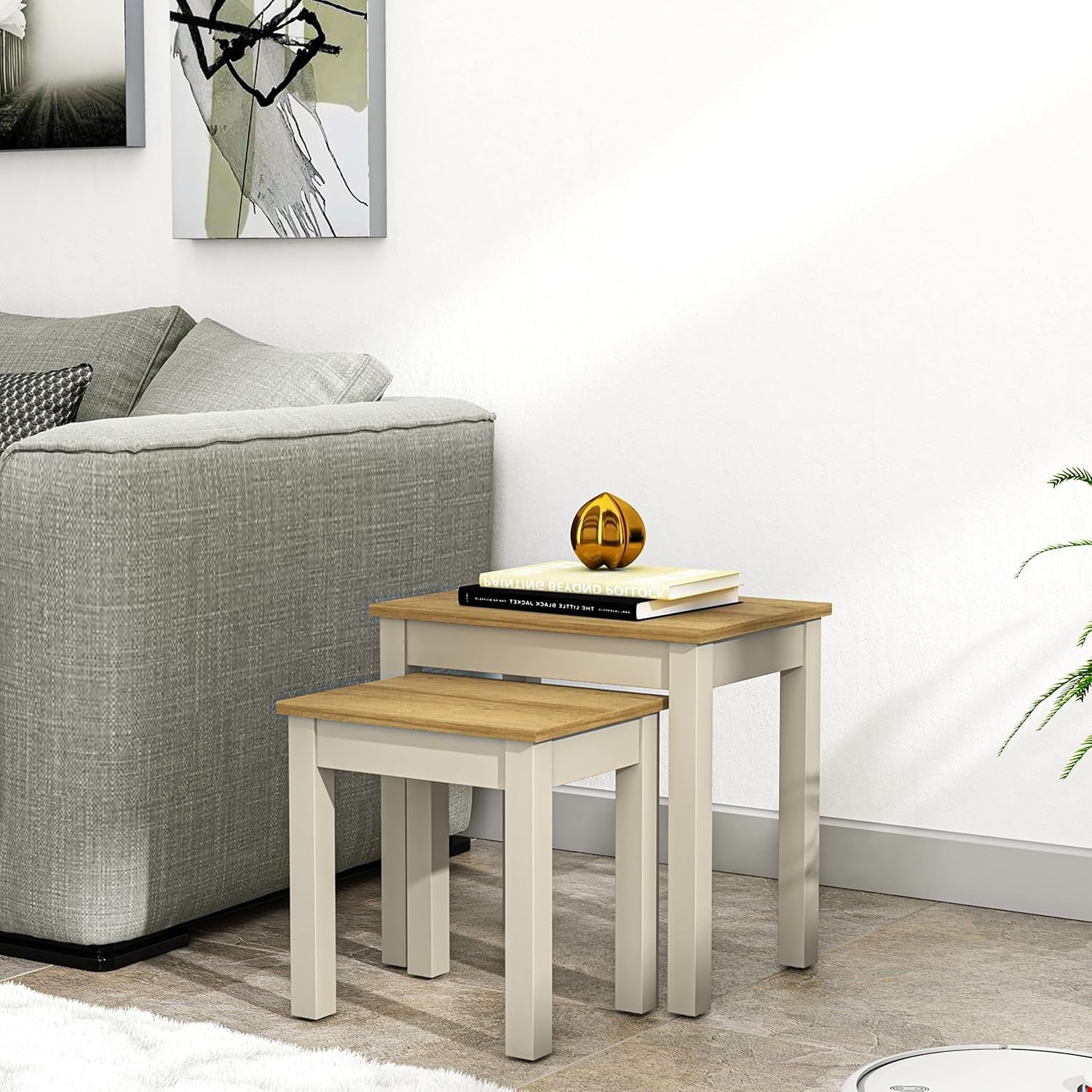 Nesting Side Tables Set of 2 Coffee End Table Wood Light Grey Small Space