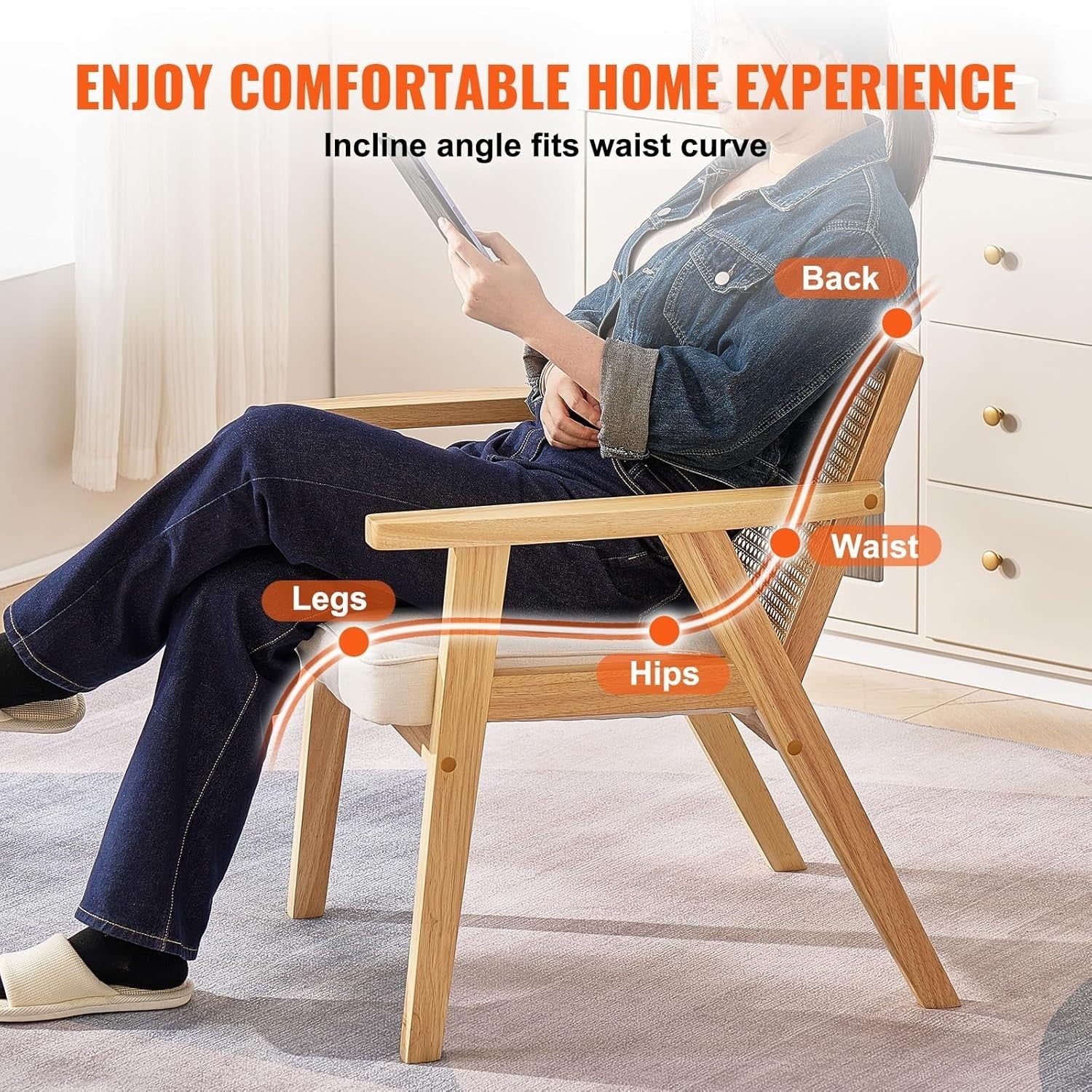 Rattan Armchair with Cushion Wooden Frame Modern Dining Lounge Chair Beige