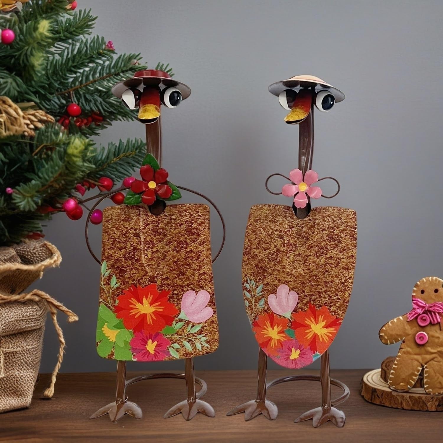 Metal Duck Garden Ornaments 29.5cm Floral Couple Yard Art Outdoor Decor Set