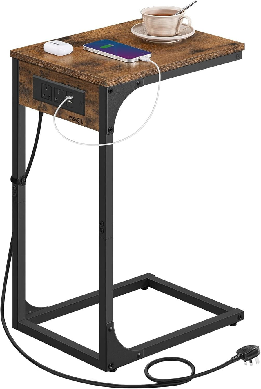 C-Shaped Side Table with Charging Station, Adjustable Feet, Rustic Brown