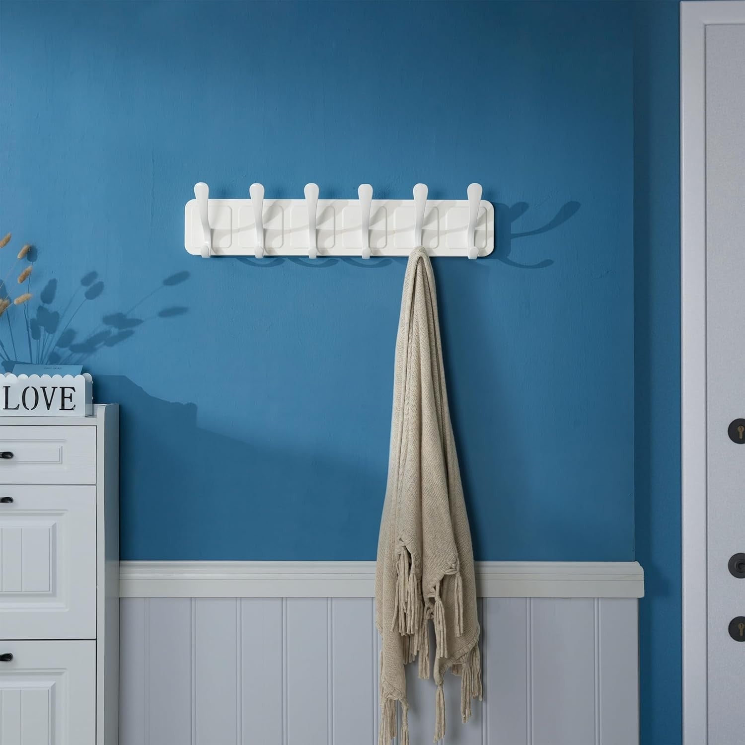 White Wall Coat Rack Set | 2x 6 Hook Wooden Hanger Racks Scandi Minimalist