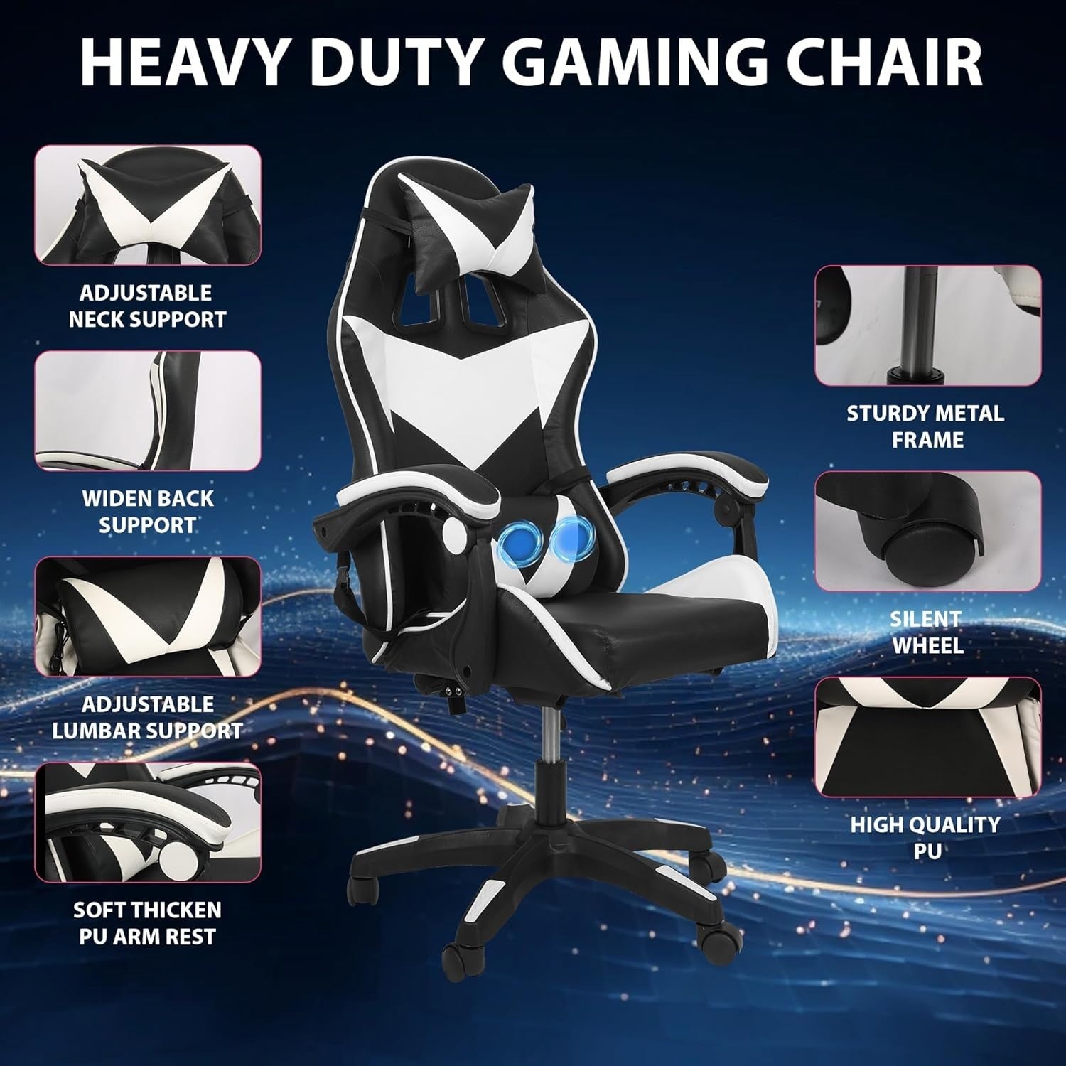 Ergonomic Gaming Chair w/Massage, High Back, Reclining, Faux Leather, Black/Whit