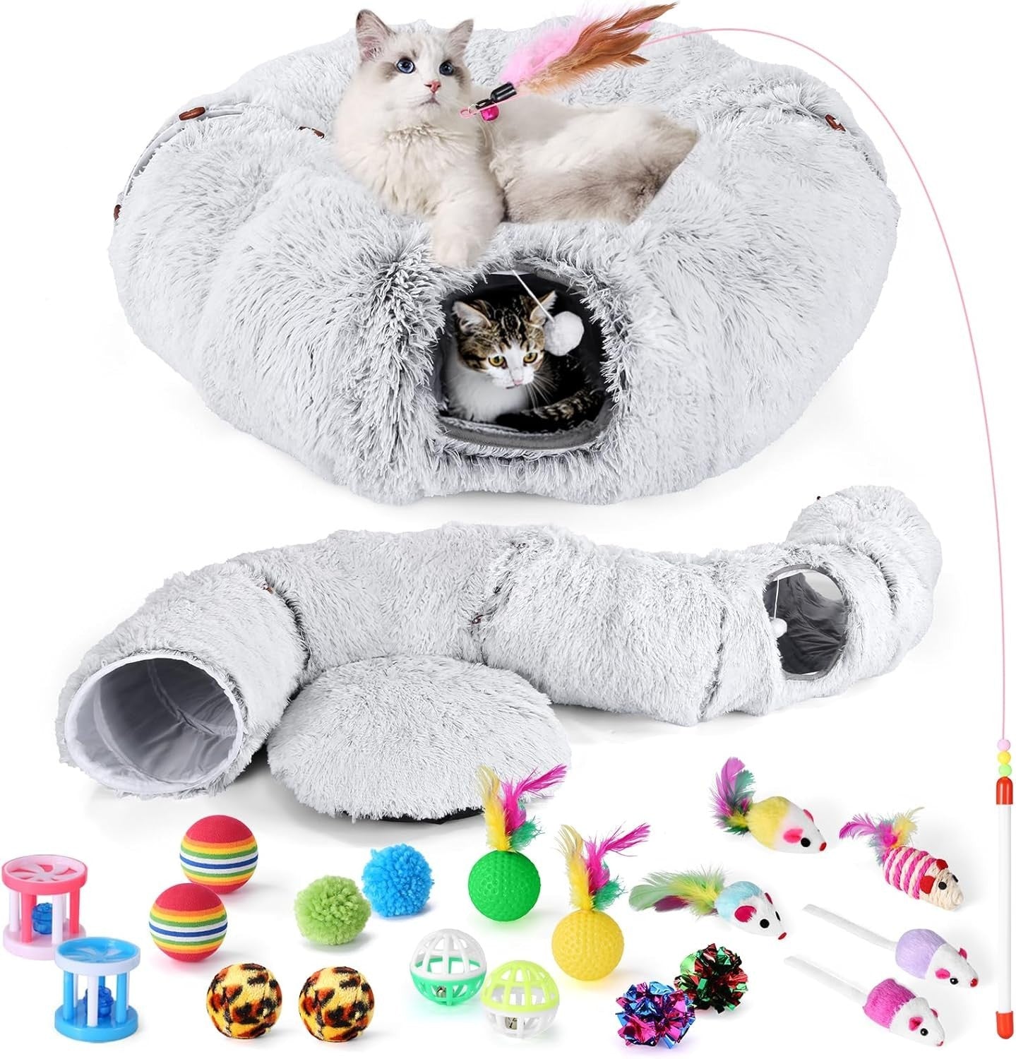 Large Cat Tunnel Bed Foldable Donut Play Tunnel w Plush Bed Toys