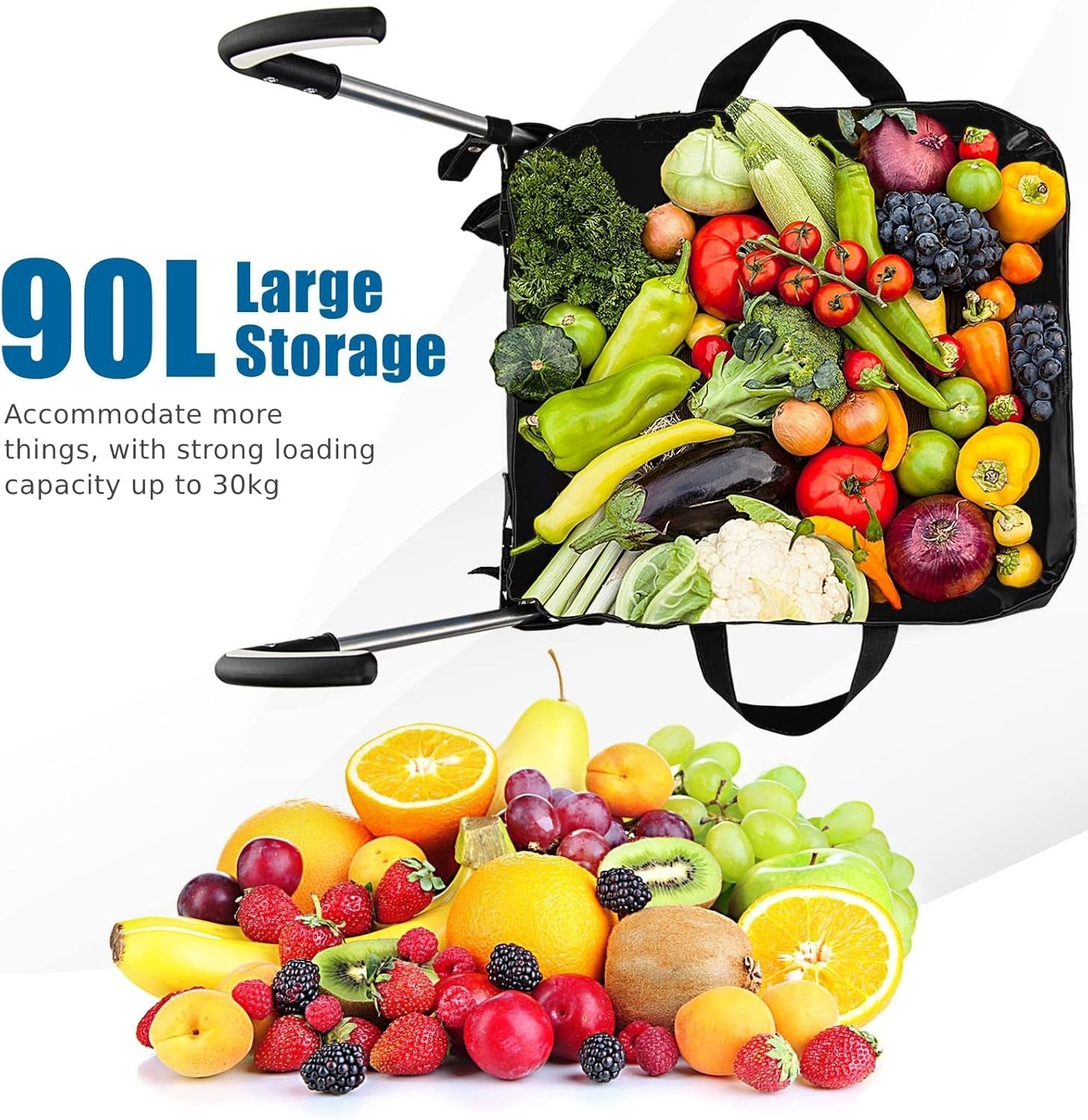 90L Folding Shopping Cart 8 Wheels Waterproof Grocery Trolley Black