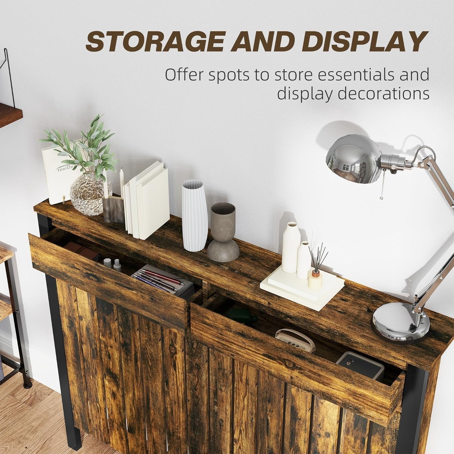 Rustic Brown Radiator Cover with Drawers Industrial Wood Cabinet 119x93cm