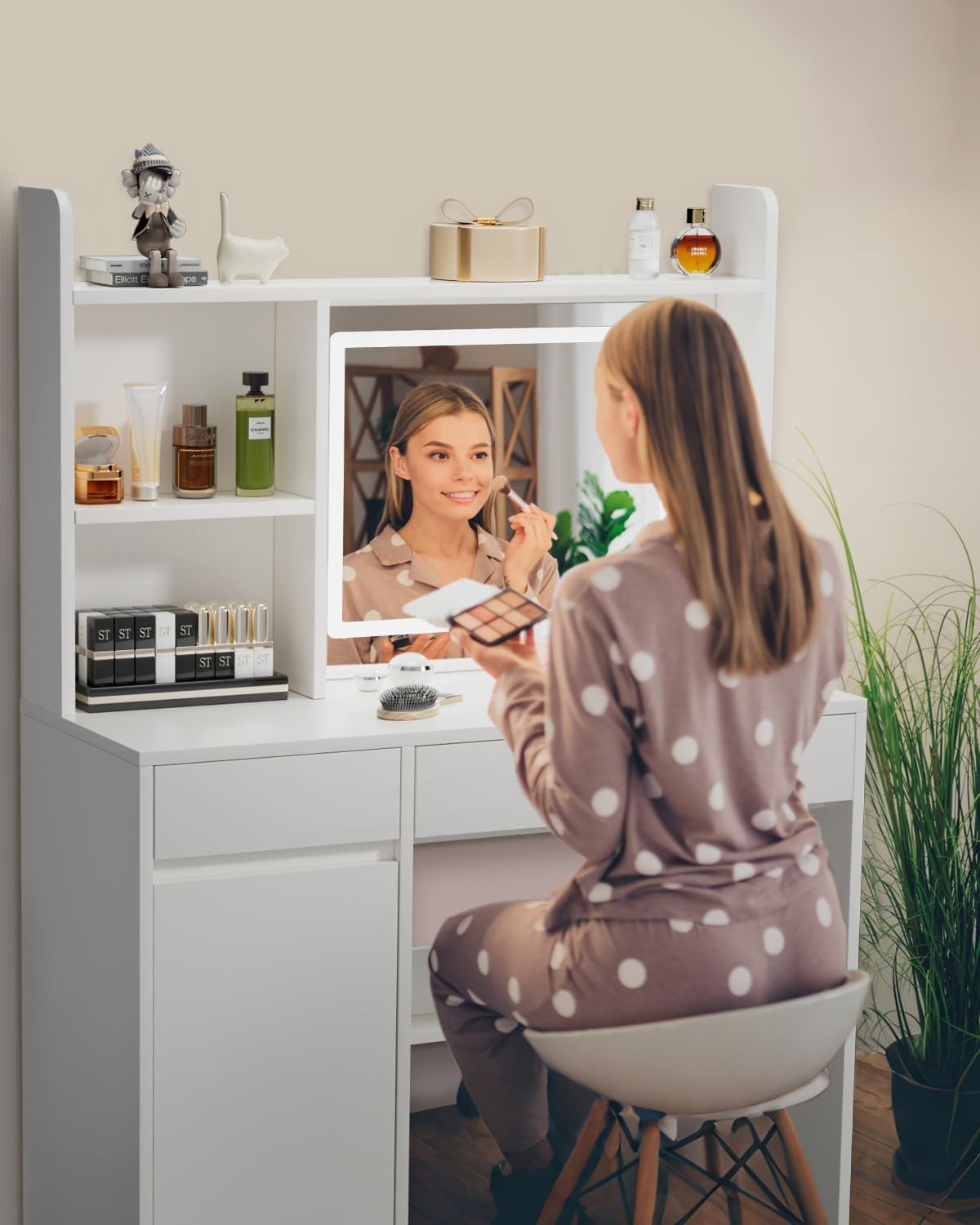 Vanity Desk Table with Mirror LED Lights 4 Drawers Makeup Dressing Cabinet White