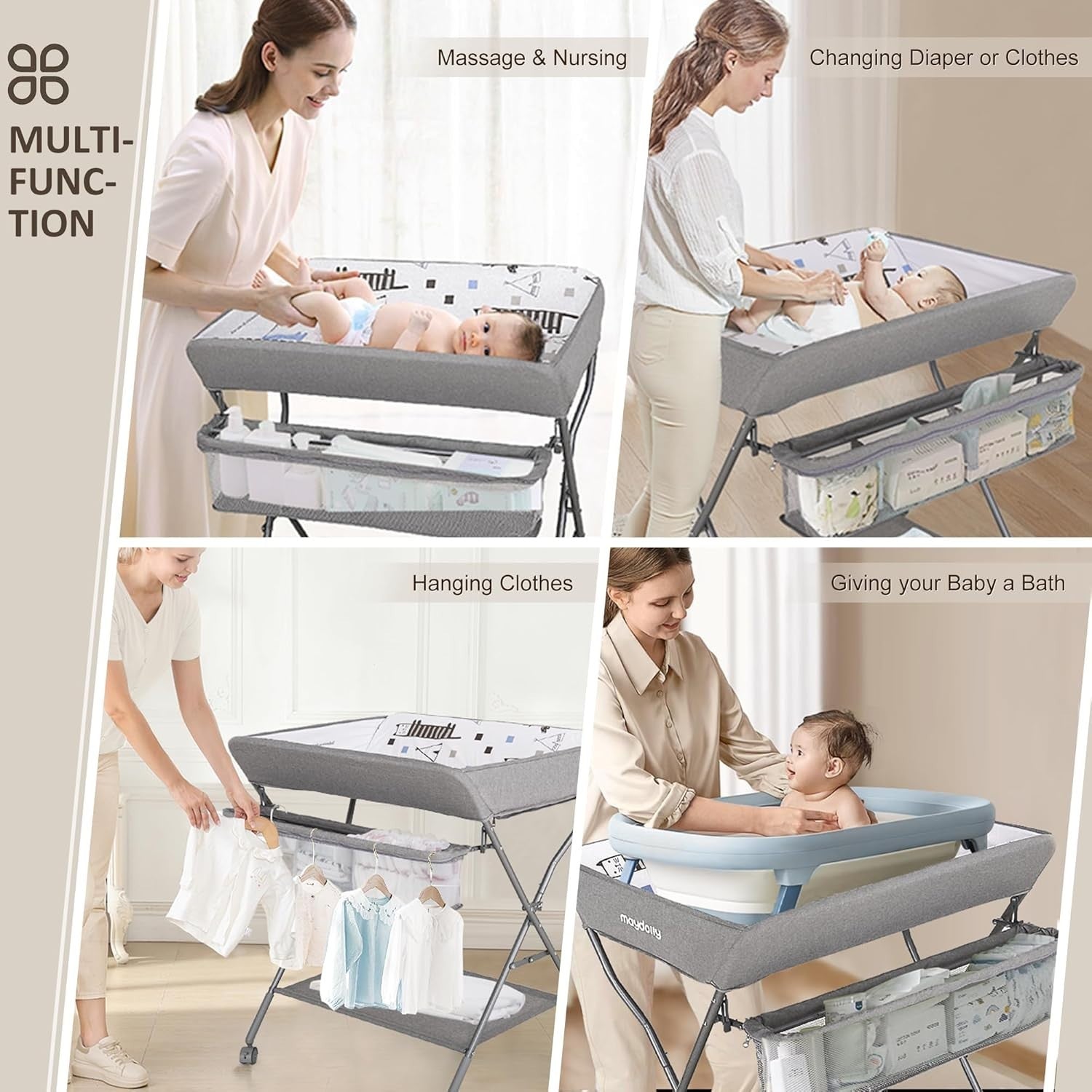 Baby Changing Table Adjustable Folding Diaper Station with Storage Light Grey