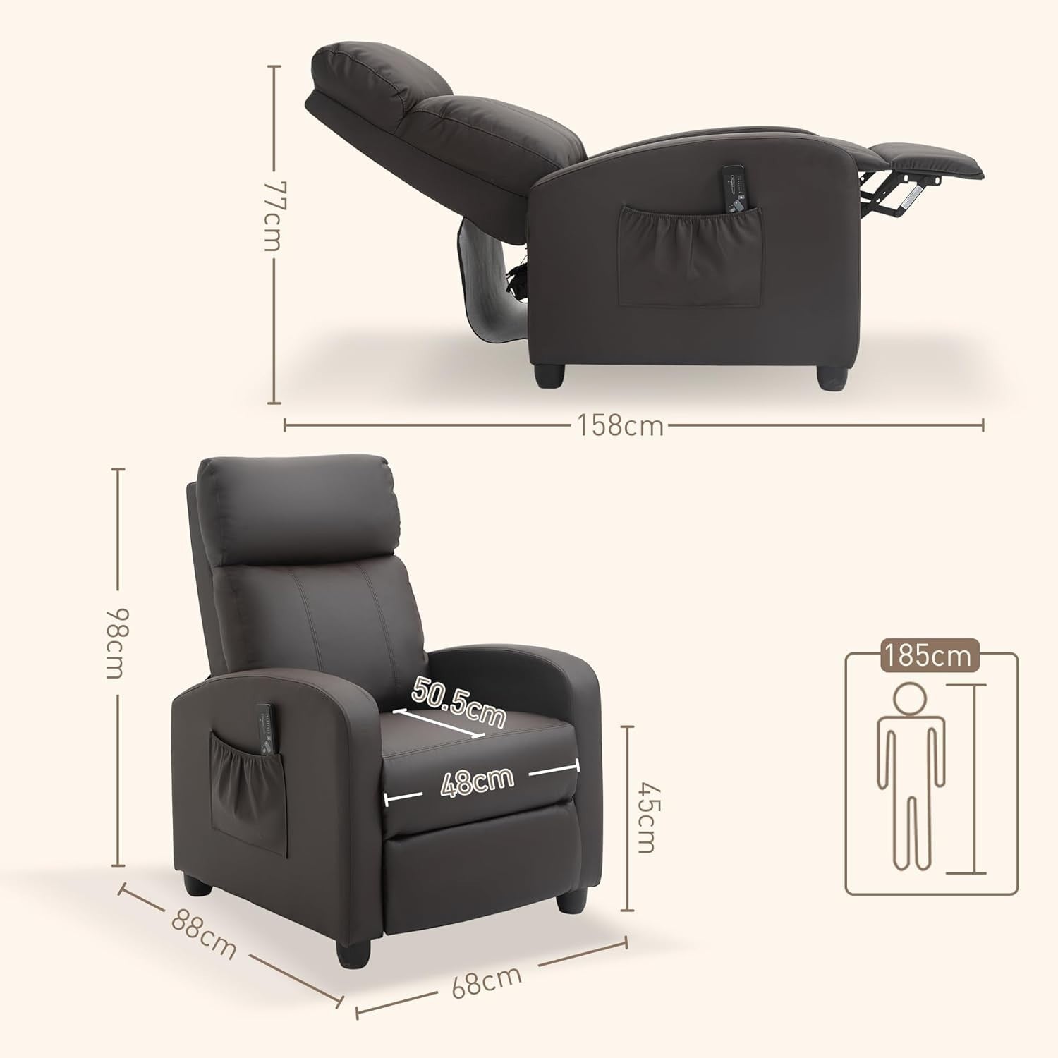 Massage Recliner Chair Faux Leather Push Back Armchair w/ Footrest Brown