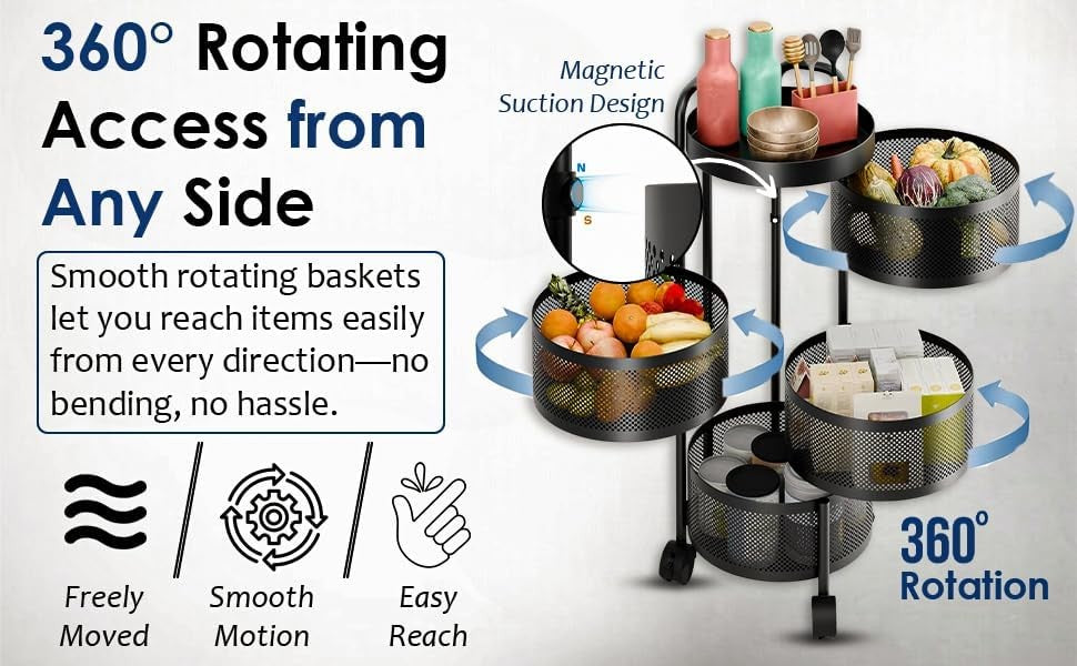 5 Tier Rotating Storage Trolley Round Cart with Wheels Kitchen Bathroom