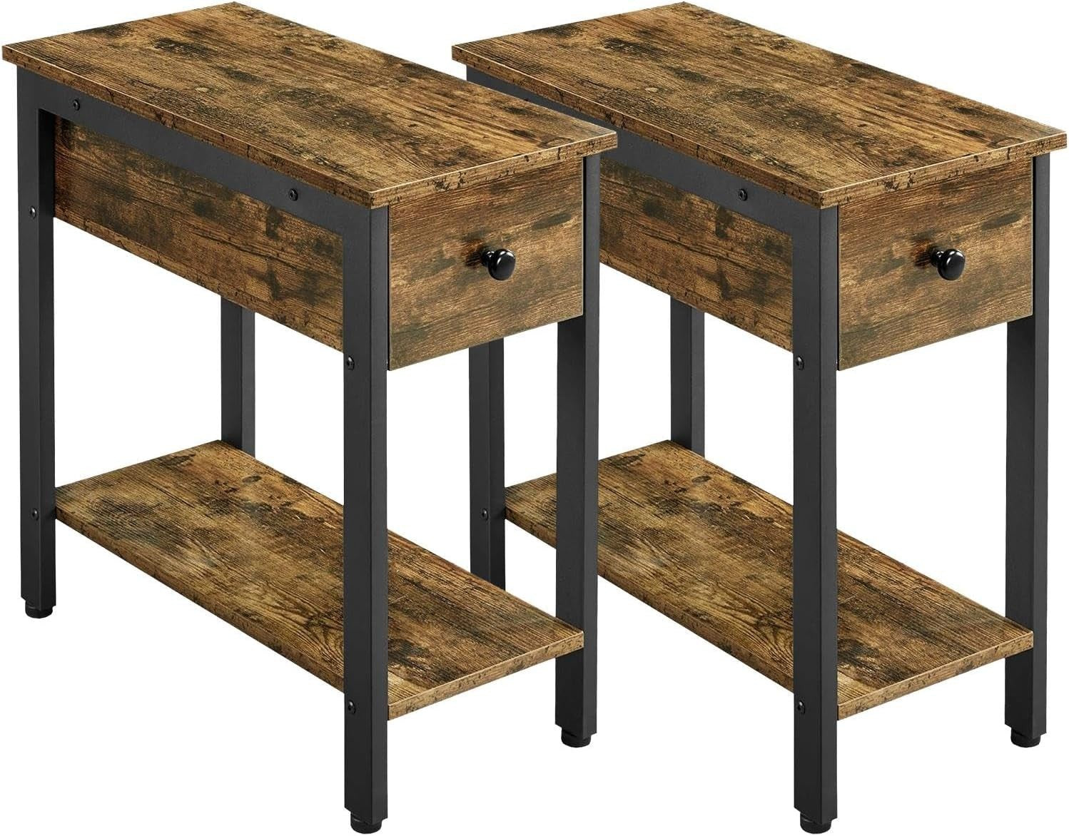 2-Tier Industrial Side Table with Drawer Set of 2, Narrow Storage 60x30x60cm