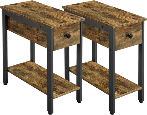 2-Tier Industrial Side Table with Drawer Set of 2, Narrow Storage 60x30x60cm