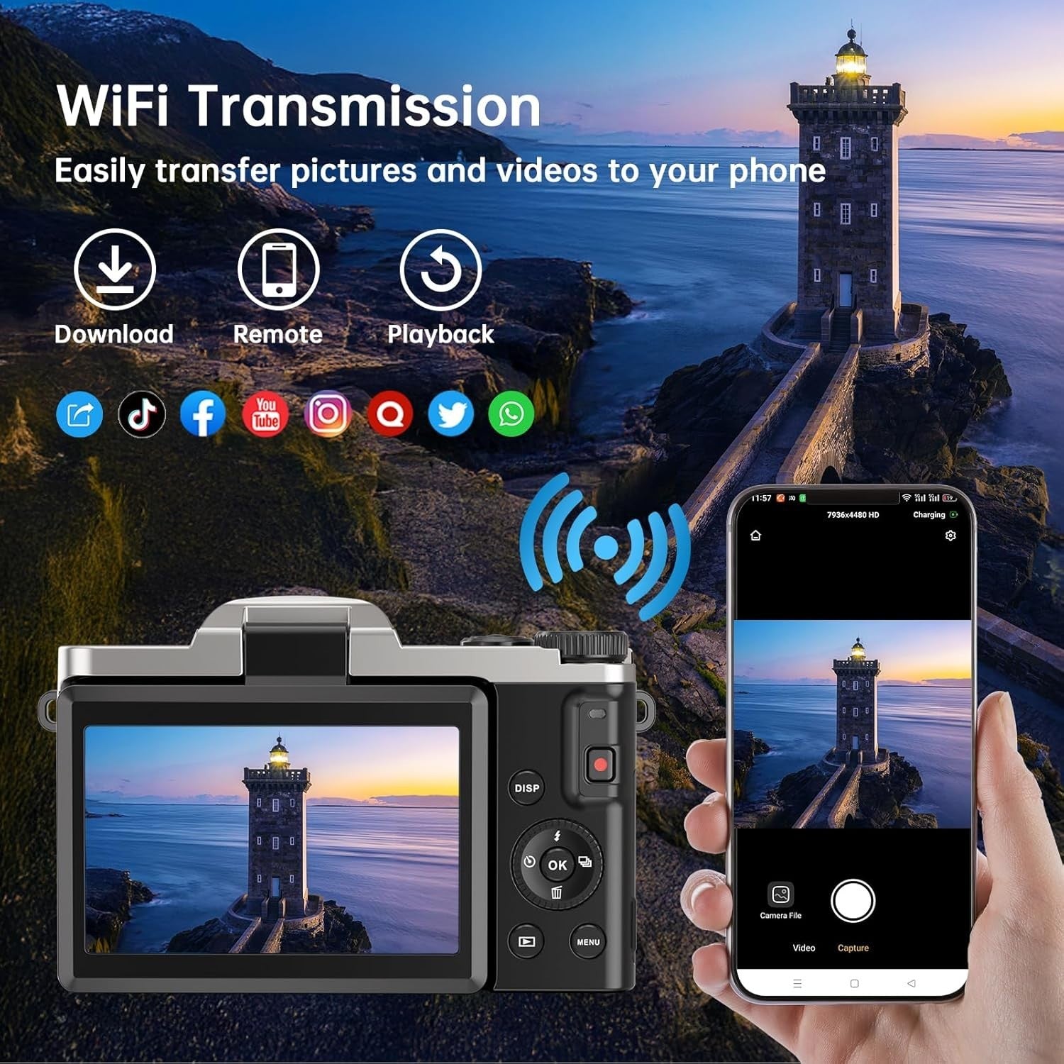 4K 64MP Digital Camera WiFi Vlogging Flip Screen Zoom SD Card 2 Batteries