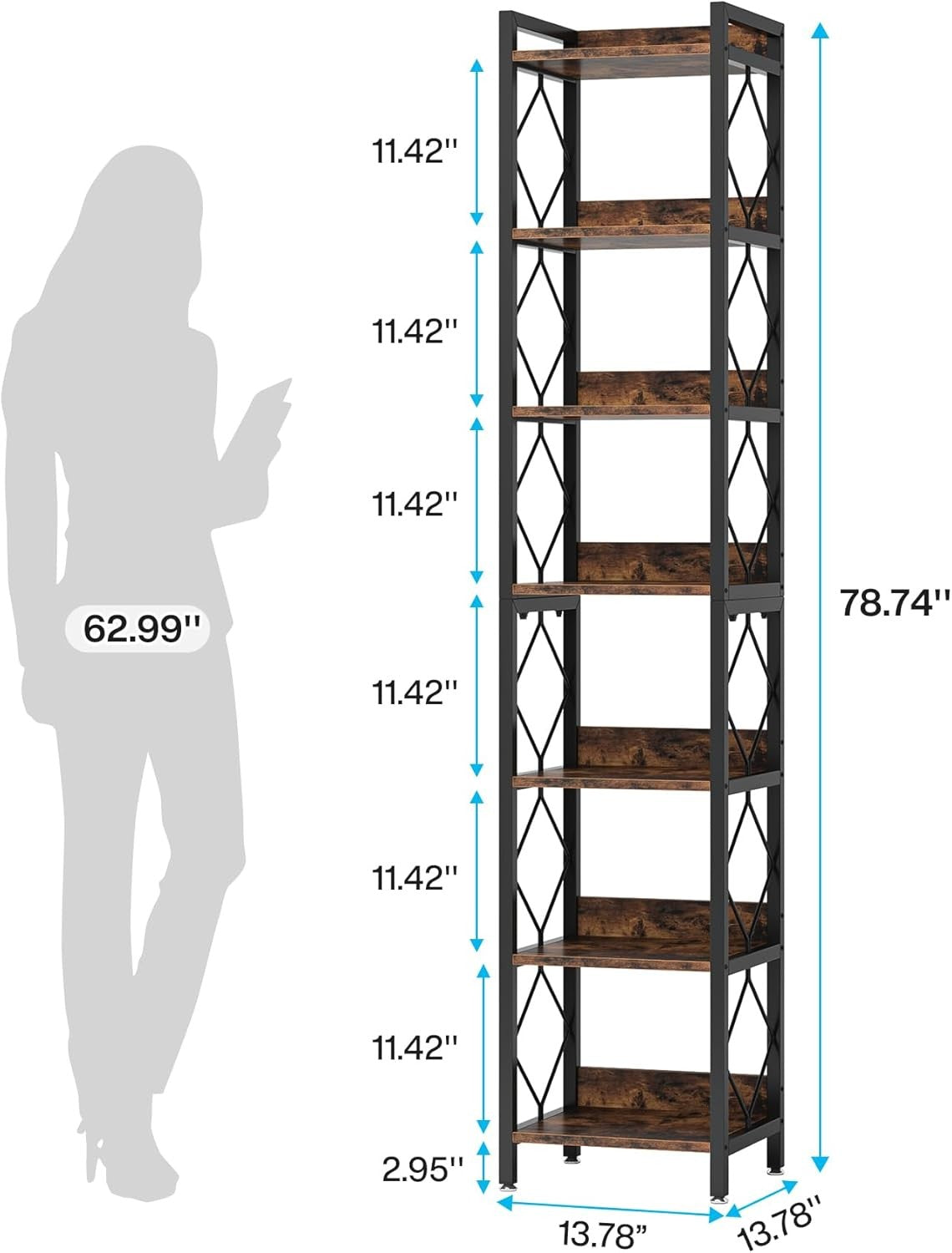 Extra Tall 7-Tier Narrow Bookshelf | 199cm Slim Rustic Display Shelf for Small S