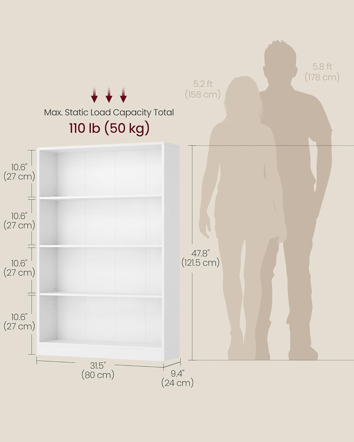 4-Tier White Bookcase 80cm Wide Adjustable Shelves Modern Storage Unit