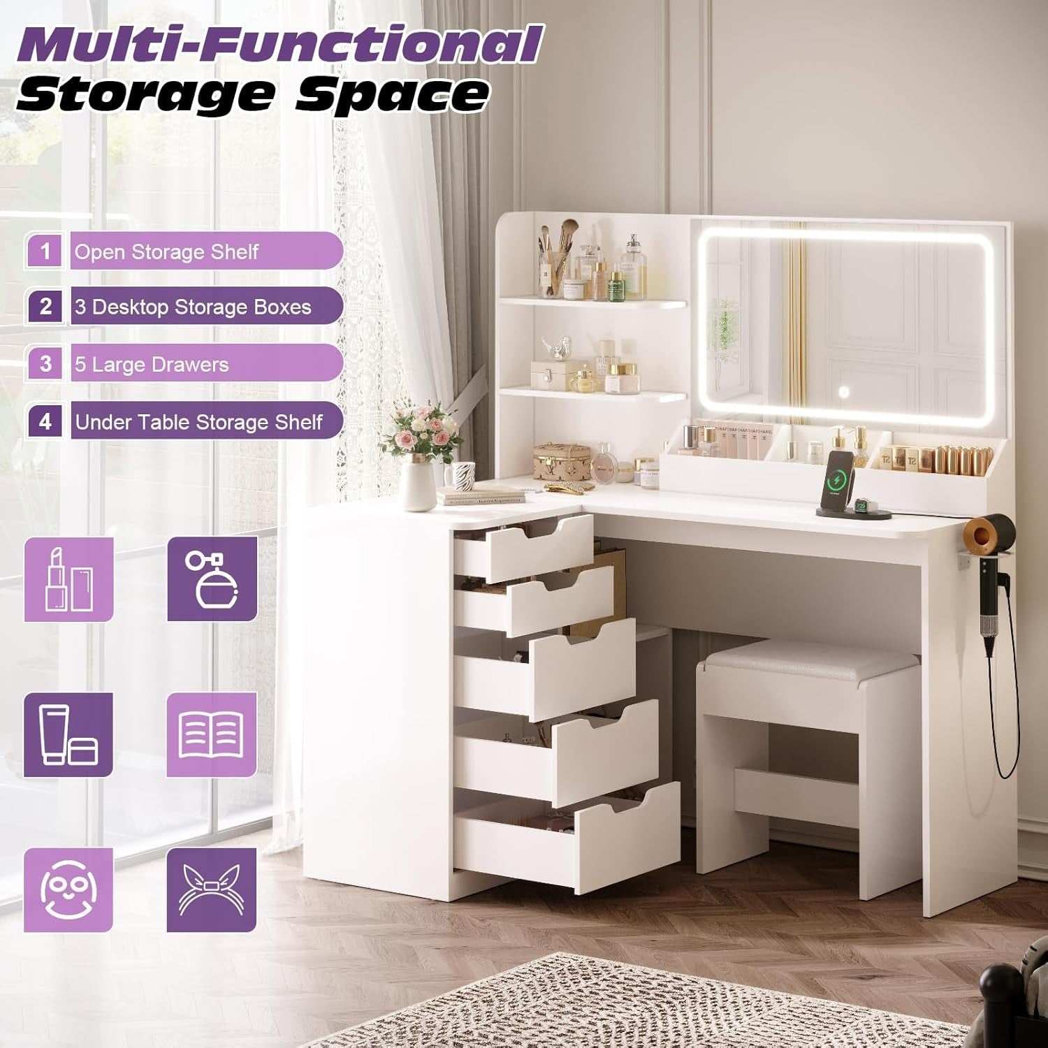Makeup Vanity Desk Corner L-Shaped Table 5 Drawers LED Light Mirror Modern