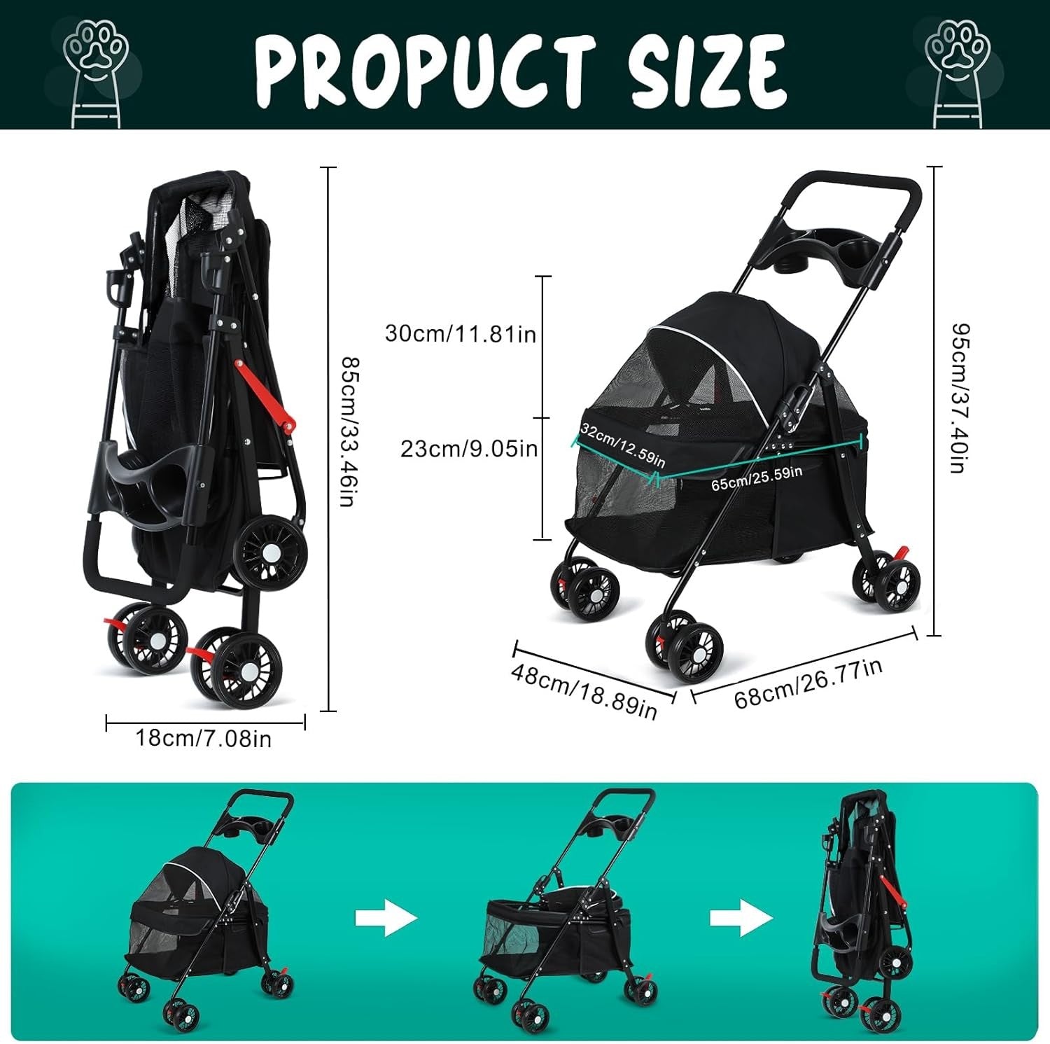 Pet Stroller for Dogs & Cats 4 Wheel Foldable Travel Pram Brake Mesh