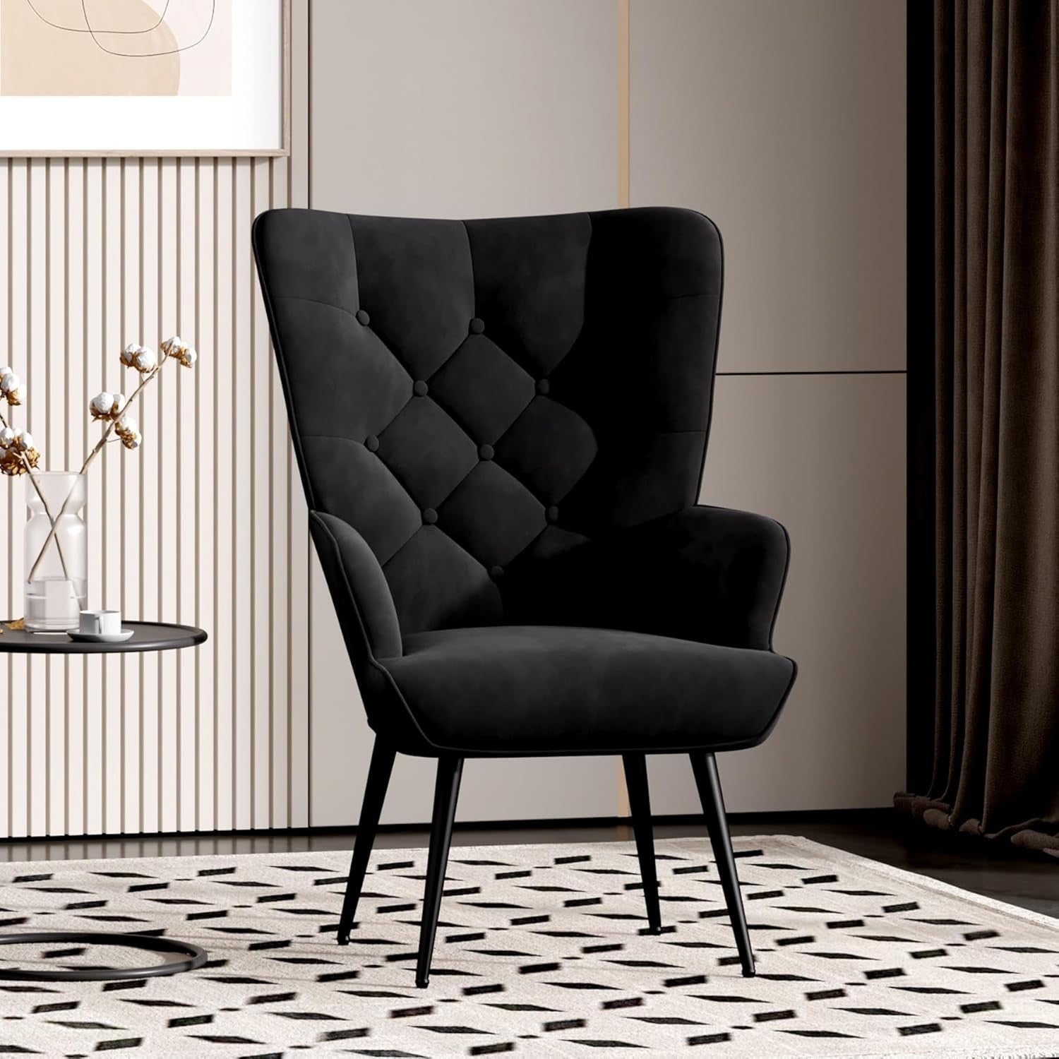 Black Velvet Wingback Armchair Gold Legs Comfy Lounge Chair Bedroom