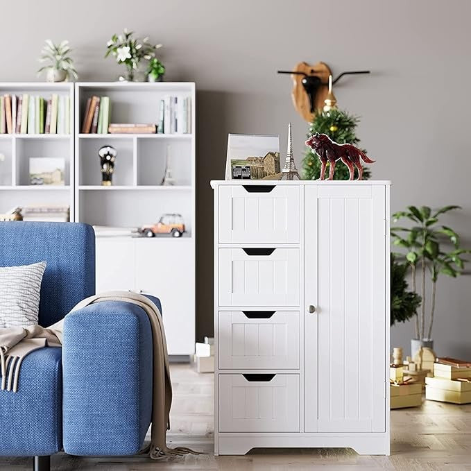 White Wooden Bathroom Cabinet with 4 Drawers & 1 Door, Floor Storage Cupboard