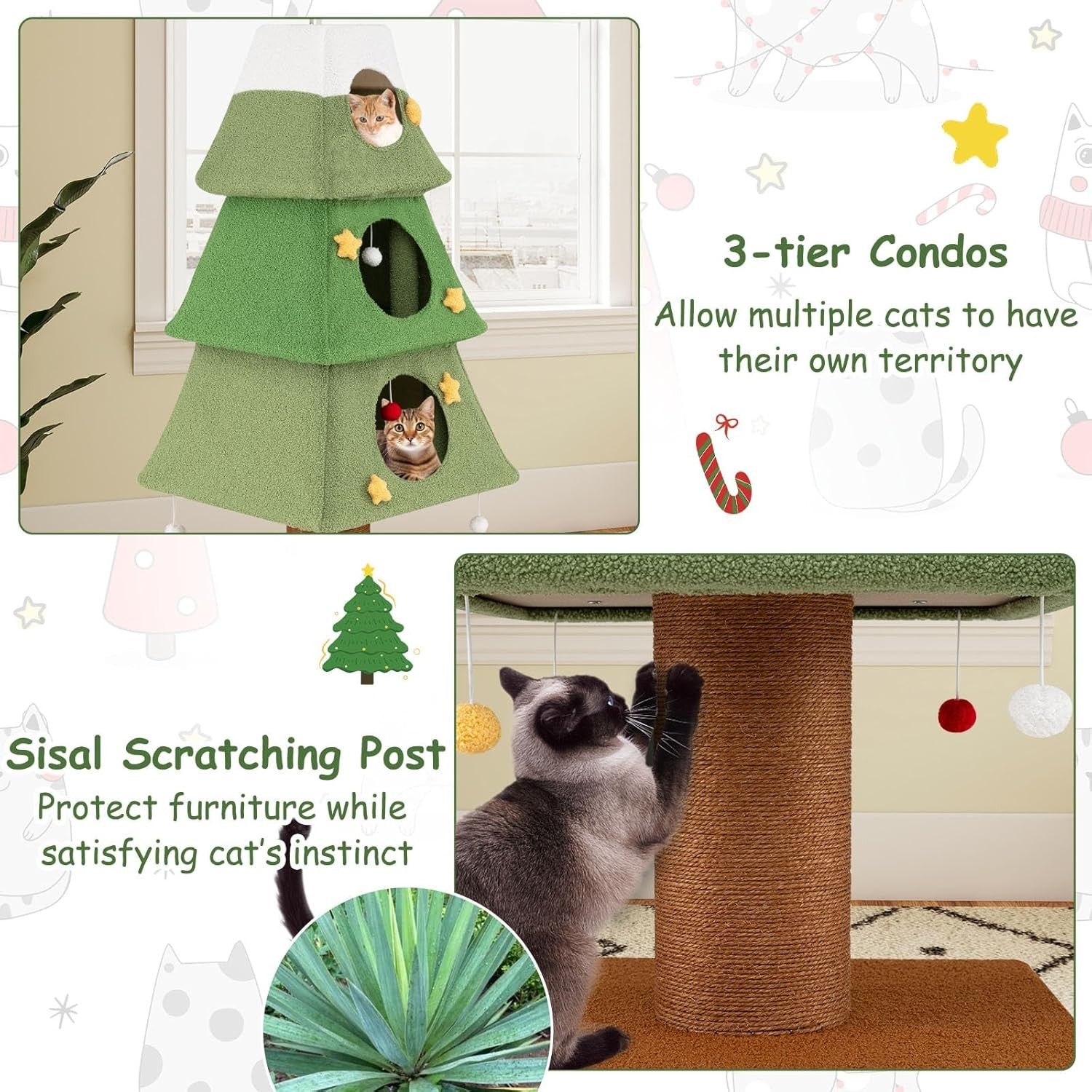 Christmas Cat Tree Tower 160cm Green Festive Multi-Level Condo Scratcher