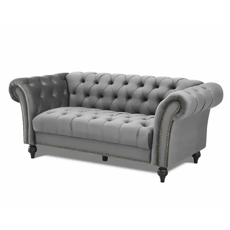 Chesterfield 3 Seater Sofa Grey Velvet | Tufted Scroll Arm Couch UK