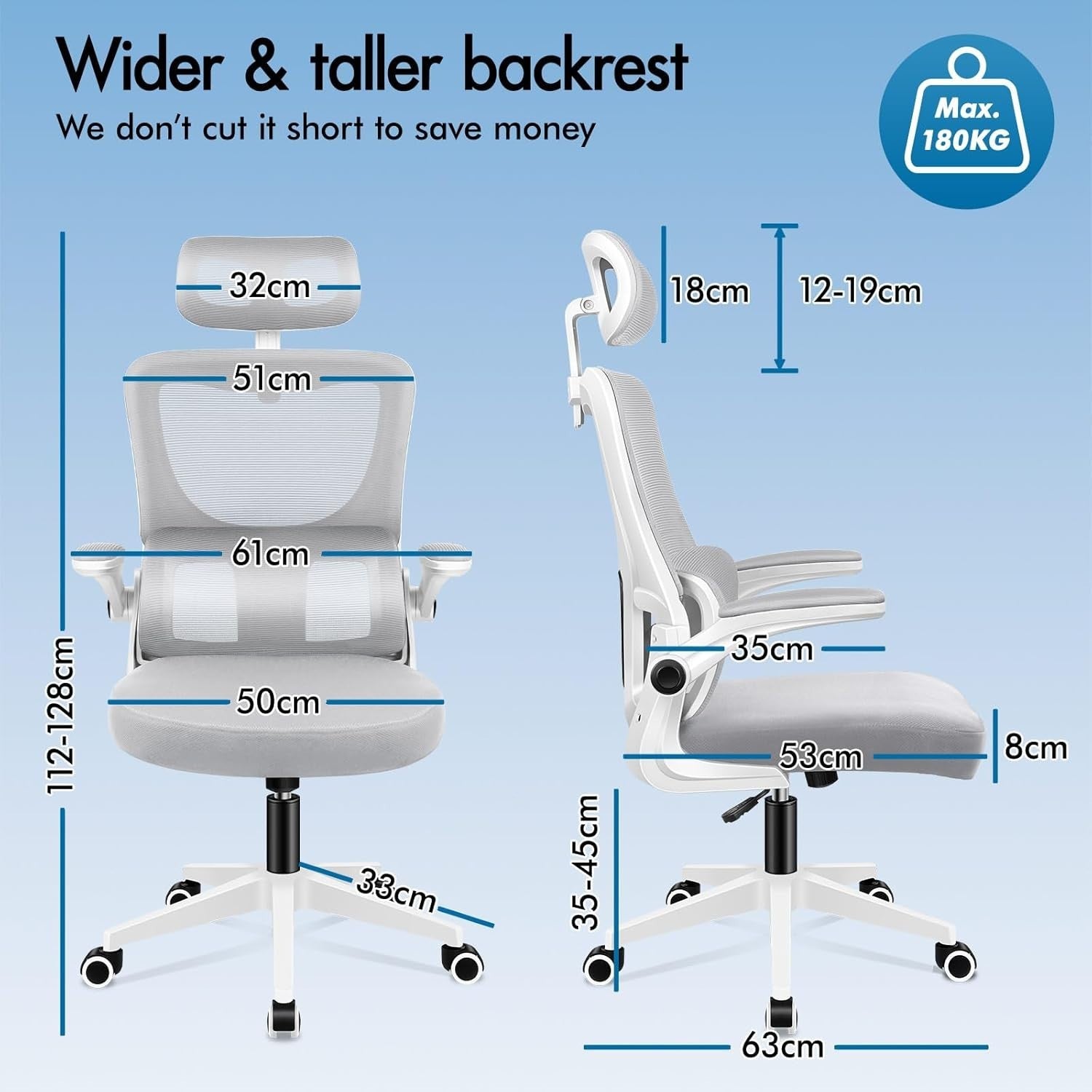 Ergonomic Office Chair Desk Computer Seat Mesh Back Flip-Up Arms Lumbar Grey