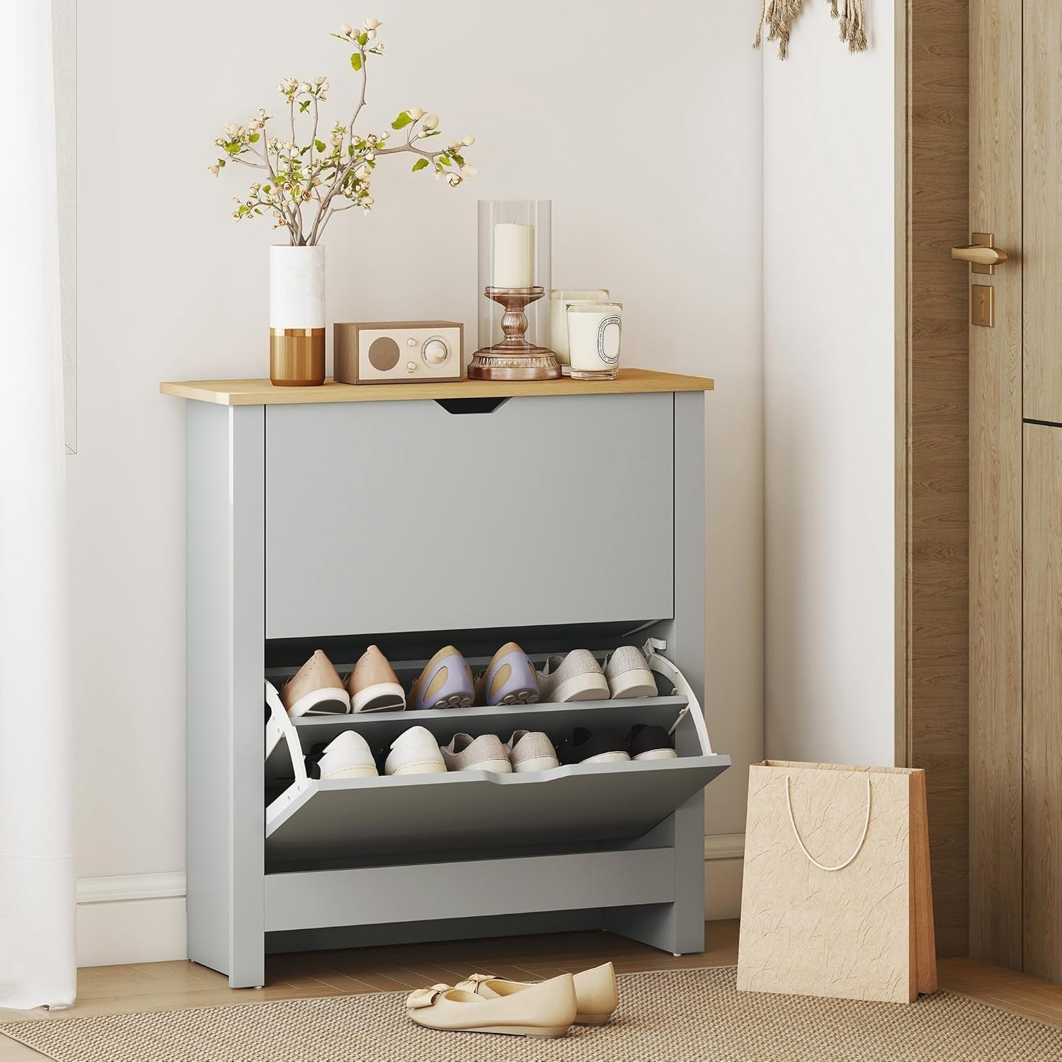 Slim Light Grey Shoe Cabinet 2 Flip Drawers Narrow Storage Unit Modern