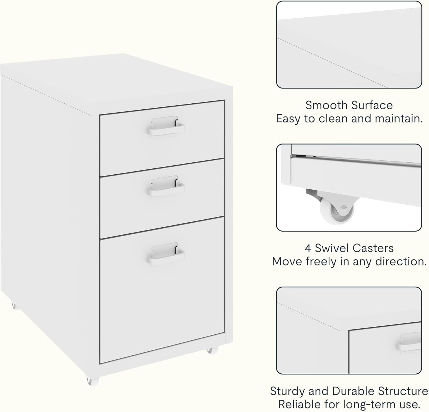 White Mobile Filing Cabinet 3 Drawer A4 Under Desk Printer Stand