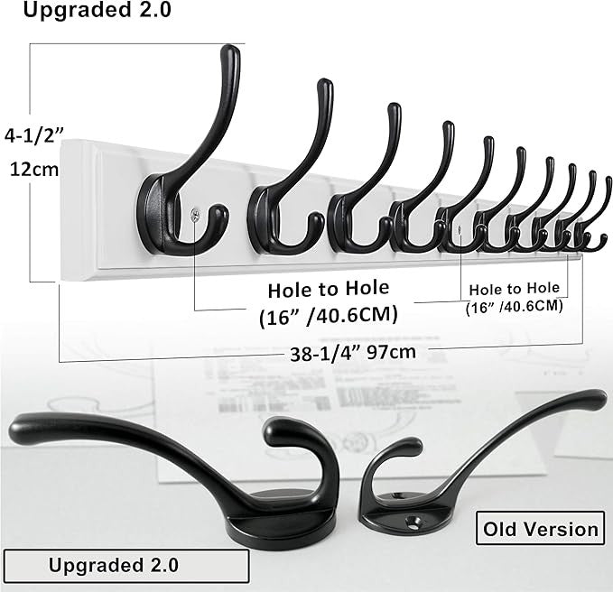 White Wall Mounted Coat Rack 2 Pack 97cm | 10 Heavy Duty Hooks Wooden Hanger