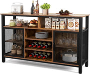 Rustic Sideboard Storage Cabinet with Wine Racks Glass Holder Mesh Doors