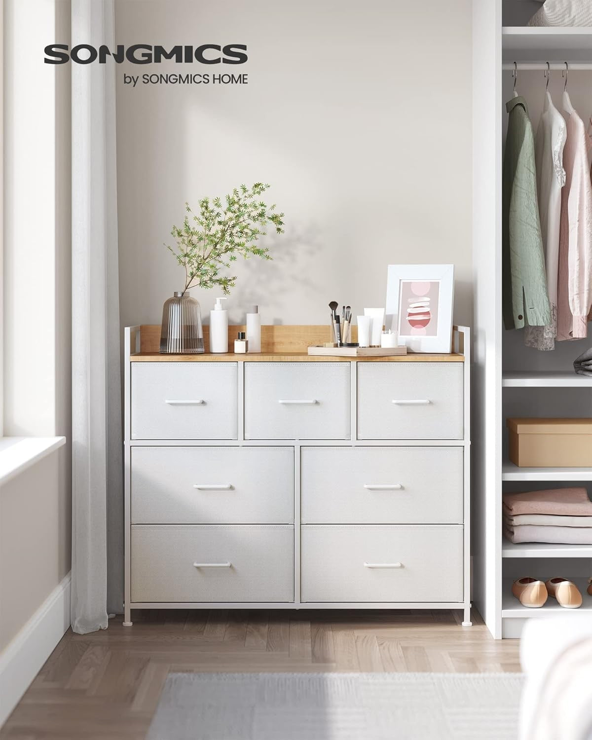 7 Drawer Chest Bedroom Cabinet Storage Unit White Oak Fabric Dresser
