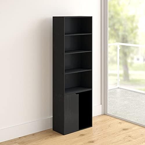 Black 6 Tier Bookcase with Cupboard Modern Storage Shelf 29D x 59W x 180H