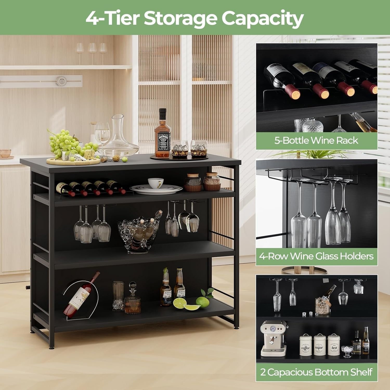 Industrial Kitchen Island Bar Table with Wine Rack, Shelves & Glass Holder