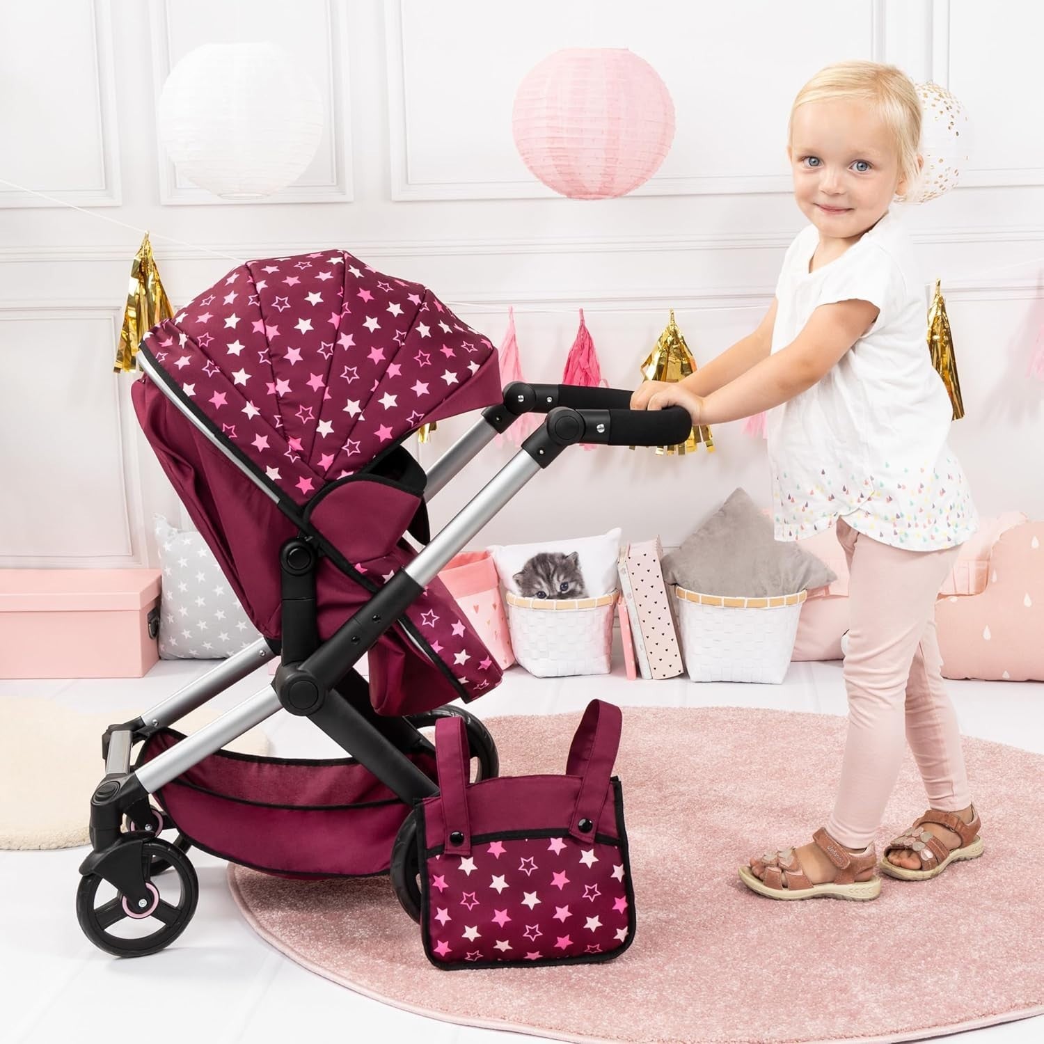 3in1 Dolls Pram Buggy Carrycot Set Tall Adjustable Handle Toy Pushchair
