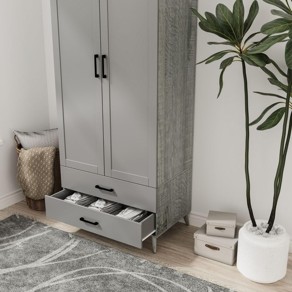 Grey 2 Door Wardrobe with Drawers & Rail – Modern Tall Bedroom Storage