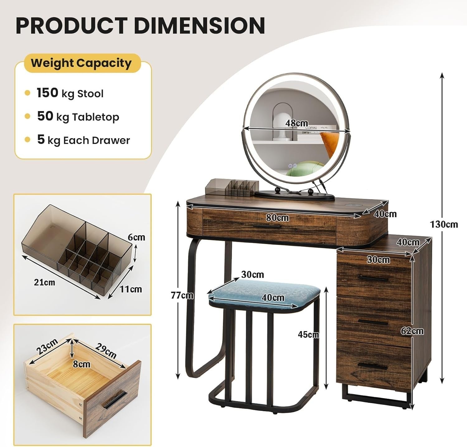 Vanity Makeup Dressing Table Stool Set LED Lighted Mirror Wireless Charger Brown