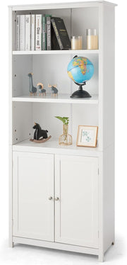 White 5-Tier Freestanding Bookcase with Cupboard, Adjustable Shelves, Tall