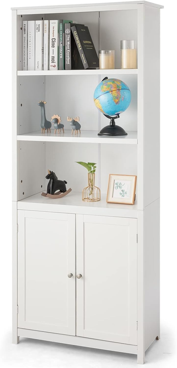 White 5-Tier Freestanding Bookcase with Cupboard, Adjustable Shelves, Tall