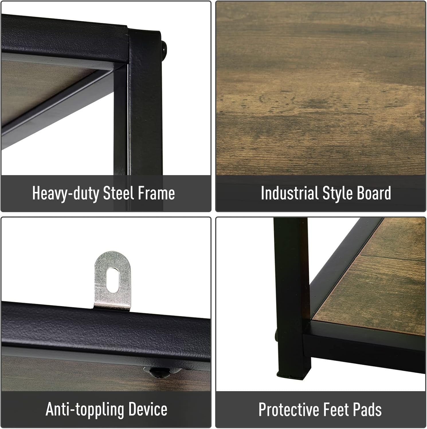 Industrial 6-Tier Bookcase Rustic Brown & Black Tall Metal Frame Display Shelf