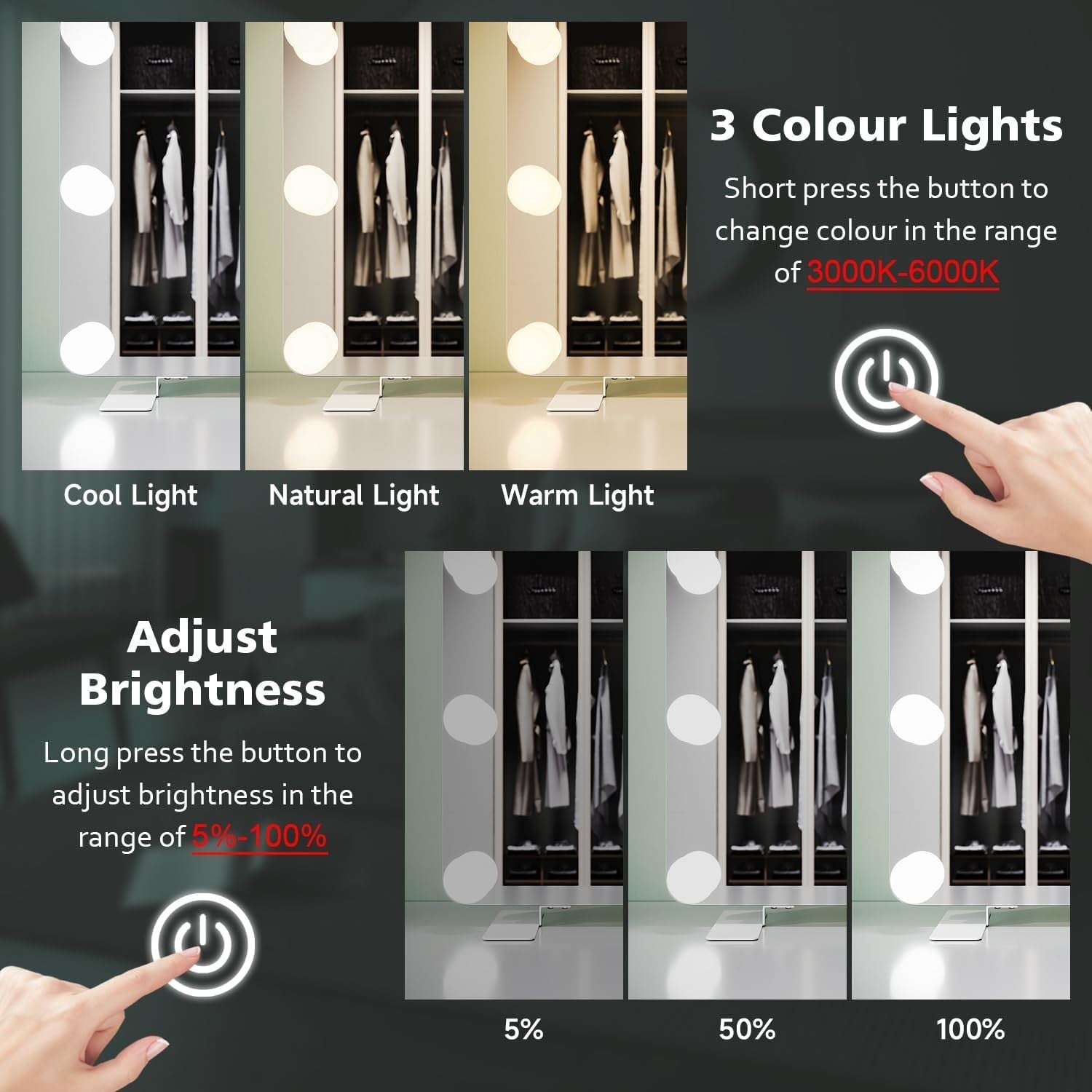 Lighted Makeup Mirror with 15 Dimmable LED Bulbs, Touch Control, 3 Colors