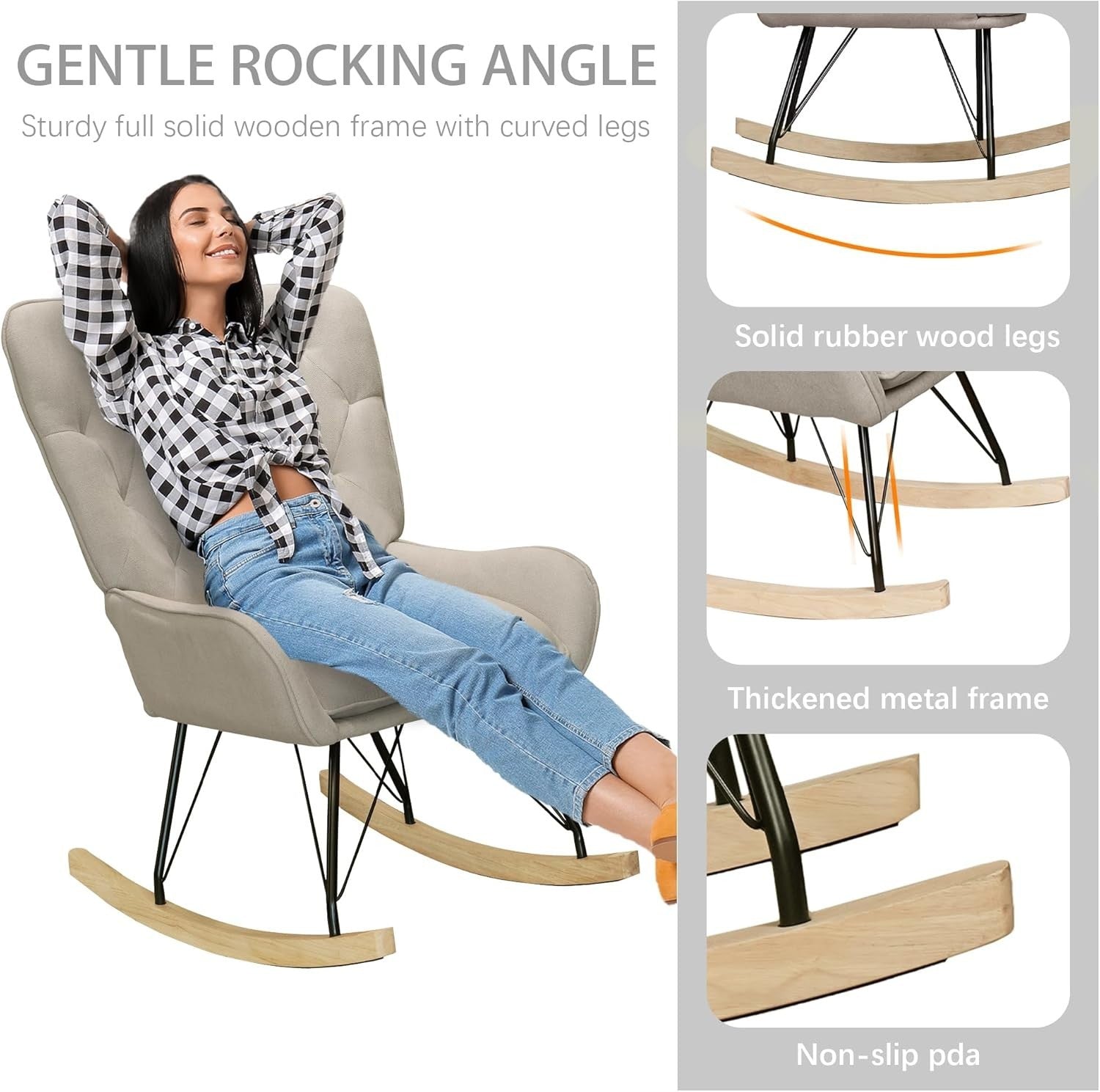 Comfortable Velvet Rocking Chair with Wooden Base for Living Rooms