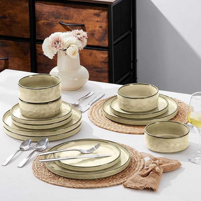 12 Piece Stoneware Dinner Set for 4 Reactive Glaze Plates Bowls Beige